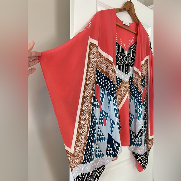 Matison Stone Silk Kimono, Open Front in Orange Teal Black Grey Rust - Picture 3 of 12